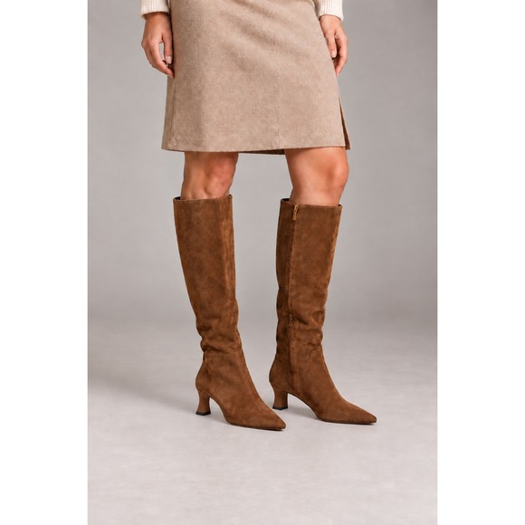 Vince Camuto Shoes - Vince Camuto Brown Suede Knee High Kitten Heel Boots Pointed Toe Side Zip